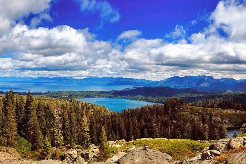 Best hikes in Tahoe Fallen Leaf trail view from lookout with lake and trees in the background