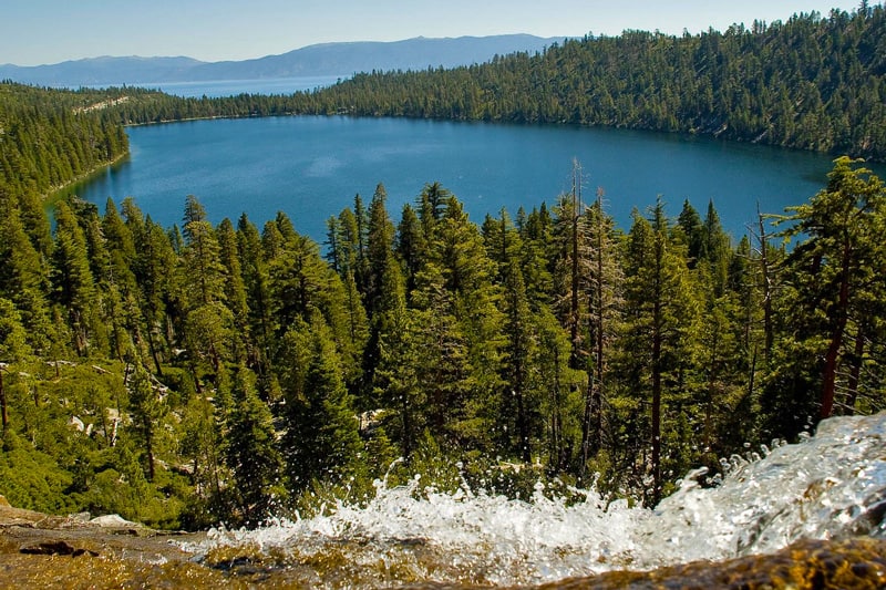 Best hiking in Lake Tahoe cascade falls view from the falls with lake in the background