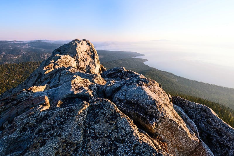 hiking in Lake Tahoe view from Rubicon Peak Trail rock outcropping