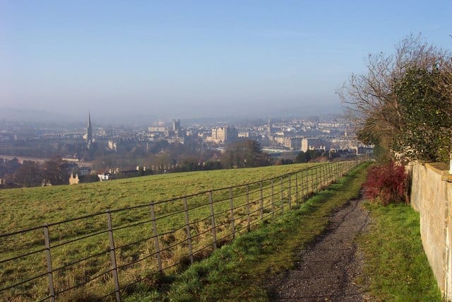 Footpath overlooking Bath city centre from the elevated Bathwick hillside